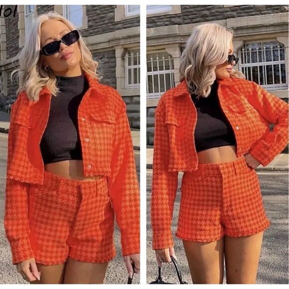 Zara Blogger’s Favorite Orange Textured Collared Frayed Hem Short Jacket, Large - Picture 5 of 16